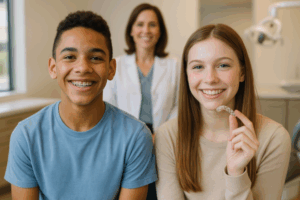 braces vs invisalign for teens, two teens comparing the two