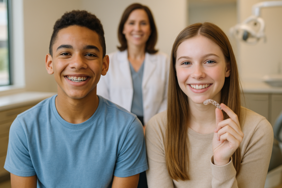 two teenagers, one has braces on their teeth, the other is holding an Invisalign aligner