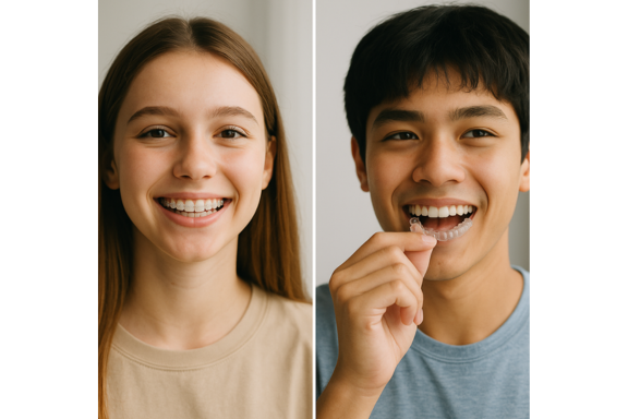 braces vs invisalign for teens side by side photo for comparison