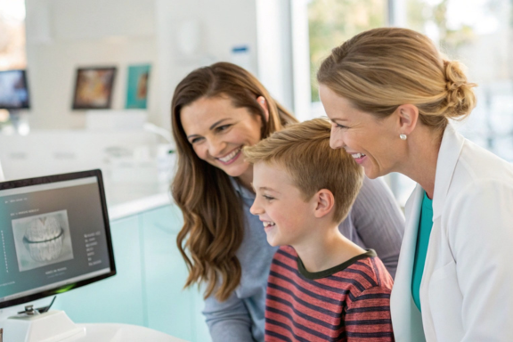 an orthodontist showing a family their xray and talking about how long orthodontic treatment takes