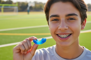 teen boy holding is mouthguard showing that braces and sports are a good combination