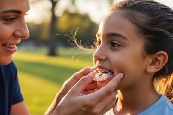 mom helping daughter get her braces mouthguard in place for her sports game