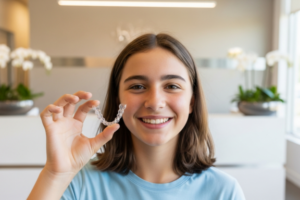 teen girl holding her clear dental retainer in her hand