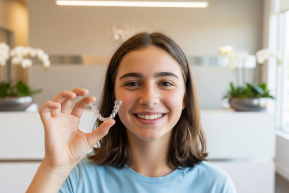teen girl holding her clear dental retainer in her hand