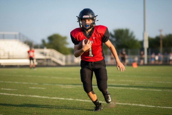 teen playing football with a braces mouthguard. Braces and sports work together just fine