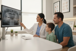 Dad and son at a free orthodontic consultation