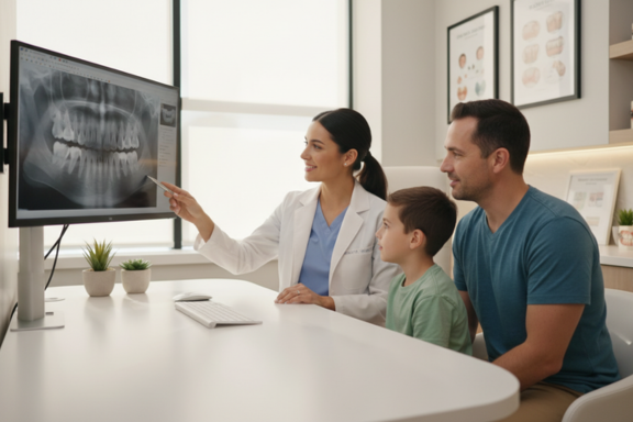 Dad and son at a free orthodontic consultation