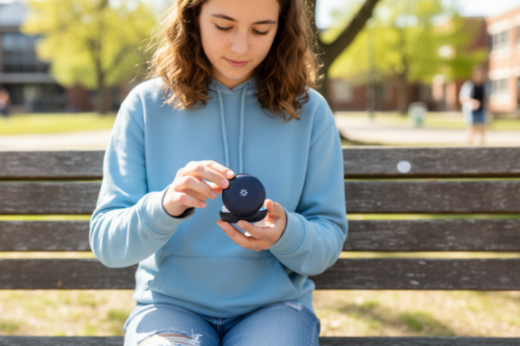 teenage girl with her invisalign aligners on a school bench. They are in the case.