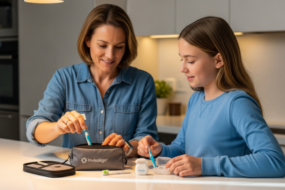 mother and daughter packing an invisalign travel kit as they were advised it was a good invisalign tip for teens