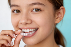 teen girl inserting invisalign aligners excited to hear about 10 invisalign tips for teens