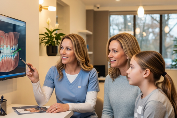 orthodontist showing mom and teen what braces will look like