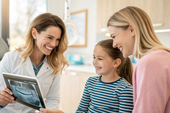 orthodontist in california showing palate expander to mother and daughter
