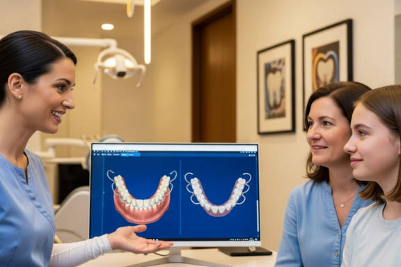 orthodontist talking to mother and daughter about getting new dental retainers