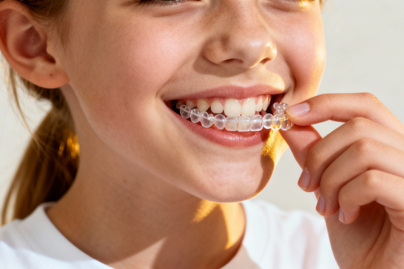 teen girl placing invisalign aligners on her teeth