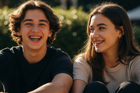 two smiling teens in braces talking about the 5 myths about braces