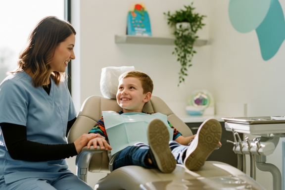 a child at an orthodontist office getting braces
