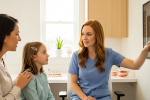 early orthodontic treatment being presented to a mother and child