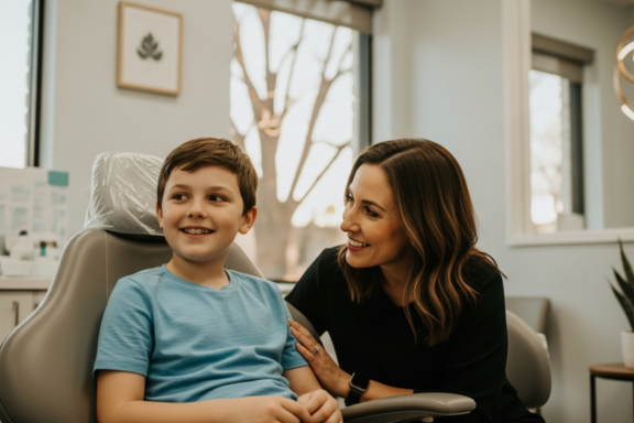 mother and son at the orthodontist office in pittsburg, california getting his braces checked.
