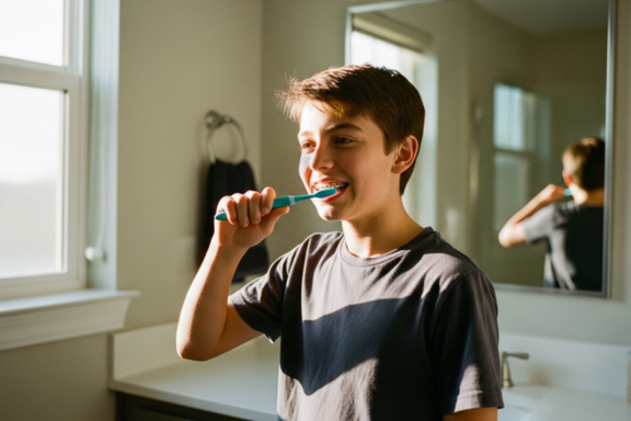 teen demonstrating good teeth brushing with braces