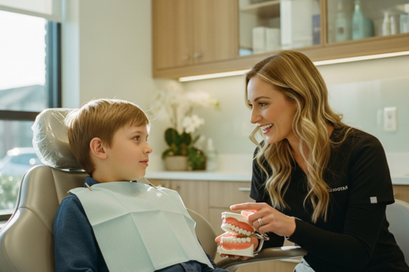 orthodontist explaining to teenager what he can do to prepare for braces