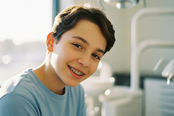 teenage boy with braces on his teeth being instructed about his first week with braces