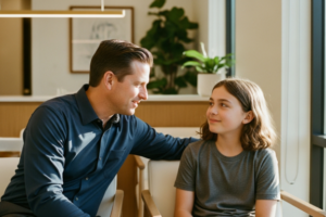 dad and daughter at the orthodontist so he can prepare his child for braces