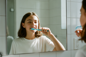 teenager taking care of his braces by brushing