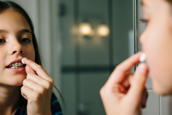 teenage girl placing wax on her braces for comfort during her first week with braces