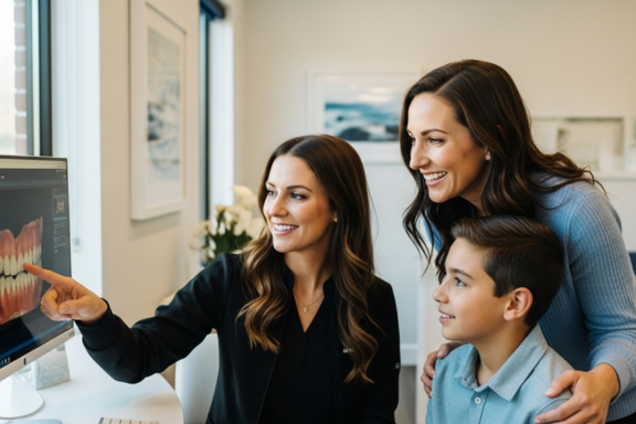 An orthodontist showing a family can invisalign fix overbite.
