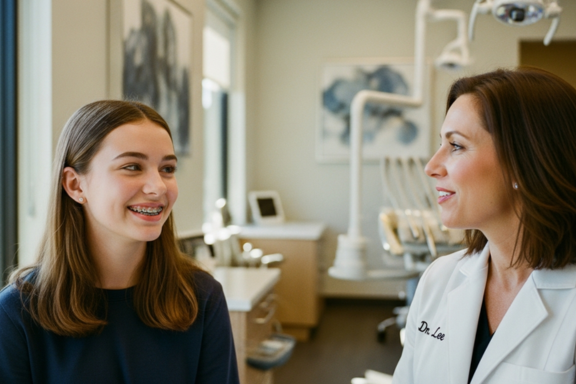orthodontist and teenage girl talking about orthodontic treatment