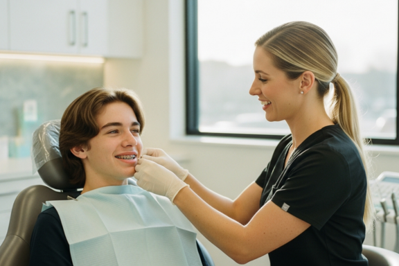 orthodontist adjusting braces on a teenager