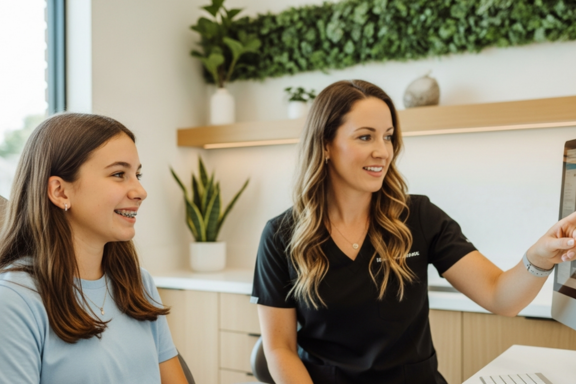 teen girl with braces being shown what will happen with her teeth
