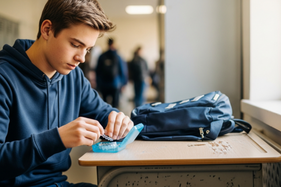 teenage boy with invisalign aligners at school