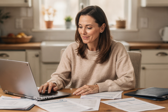 a mom reviewing information about her dental insurance covering braces for her child