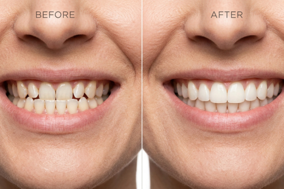 close up before and after pictures of treatment with Invisalign for underbite