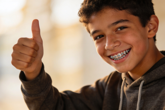 Happy teenager with braces smiling and giving thumbs up at orthodontics office in El Cerrito California