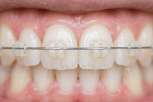 Close-up of ceramic braces on upper teeth showing tooth-colored brackets and metal wire
