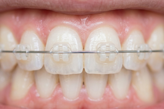 Close-up of ceramic braces on upper teeth showing tooth-colored brackets and metal wire