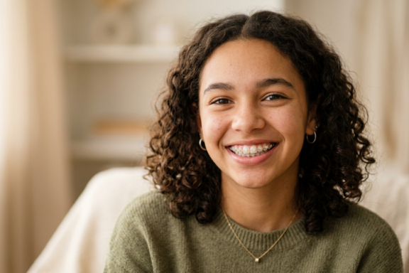 Teenage girl smiling with ceramic braces at orthodontist office in El Cerrito CA
