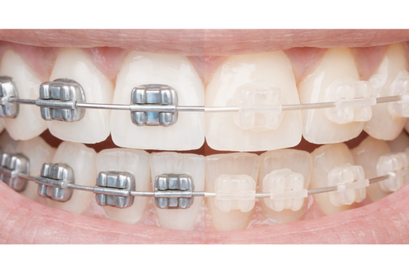 Side-by-side comparison of metal braces versus ceramic braces showing the visual difference in bracket appearance