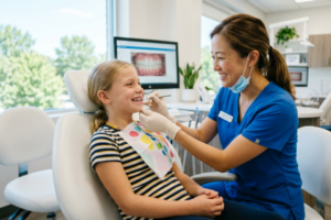female orthodontist with a braces patient explaining do braces hurt to her