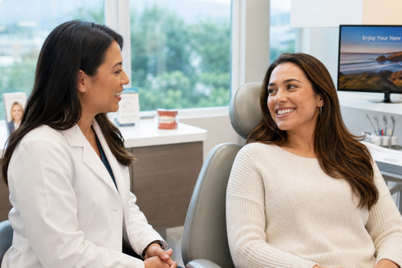 an orthodontist talking to a female patient about how Invisalign can fix crowded teeth