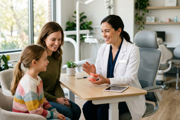 Orthodontist explaining treatment options to a parent and child during a free consultation in Pittsburg CA, including orthodontist vs dentist