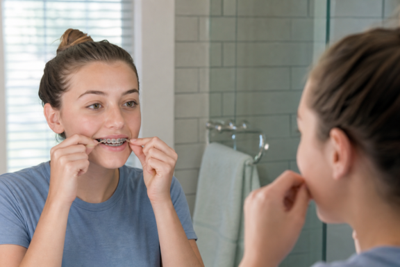 Teenager hooking orthodontic rubber bands onto braces brackets as part of daily orthodontic compliance routine