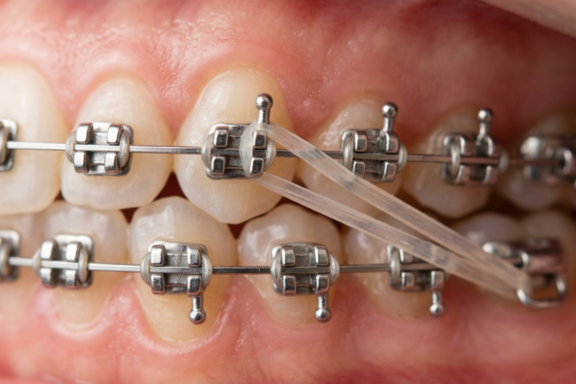 Close-up of orthodontic rubber bands for braces connecting upper and lower braces brackets to correct bite alignment