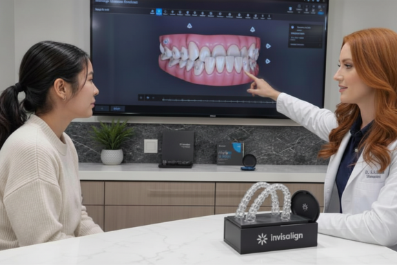 orthodontist showing patient her underbite and how Invisalign can fix it.