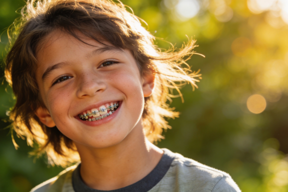 boy with braces smiling after experiencing that braces do not hurt once you get used to them