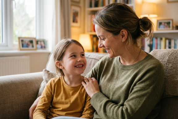 A parent checking their young child’s smile at home, both smiling warmly