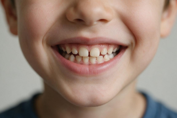 Close-up of a child’s smile showing mixed baby and adult teeth with mild crowding