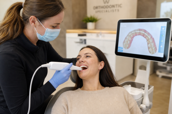 Orthodontist using a digital iTero intraoral scanner on a patient in a modern dental office